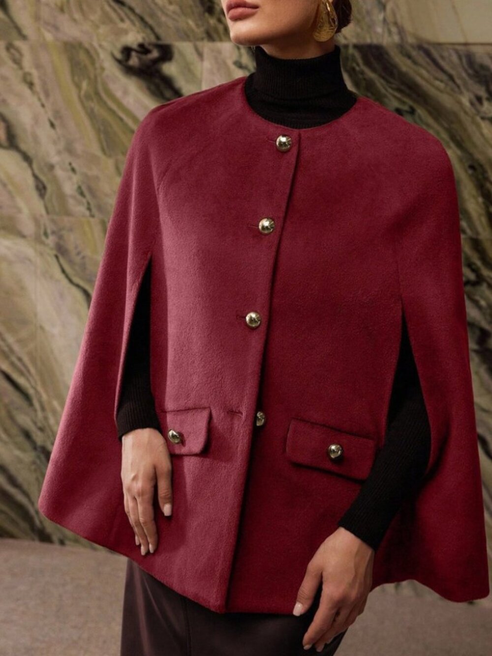 Burgundy Red Gold Button Flap Pocket Collarless Cape Coat